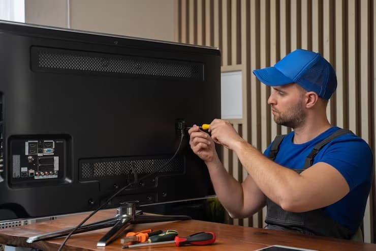 Fixigo technician repairing a TV at customer's home